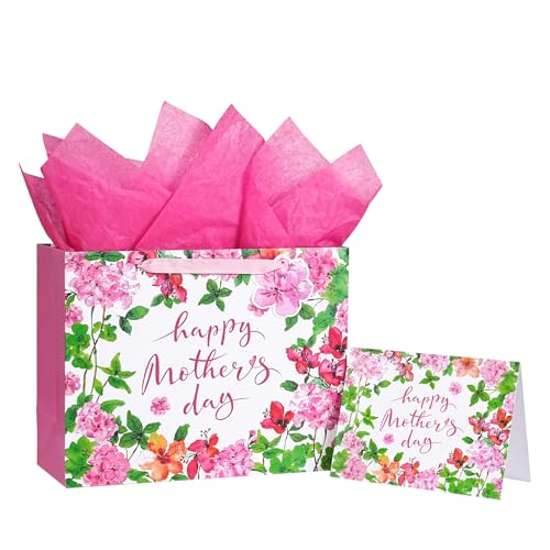 LeZakaa 13" Mother's Day Bag, Pink Floral Happy Mother's Day Bag with Greeting Card Tag & Tissue Paper, Elegant Flower Design Gift Bag for Mom Wife Grandma, 13" x 10" x 5", 1 Pc