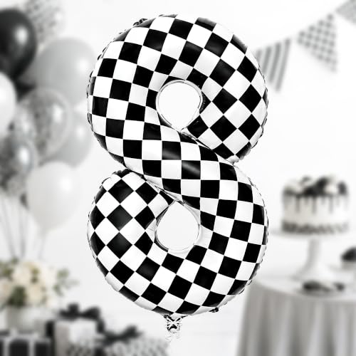 Image of KatchOn Checkered Number 8 Balloon for Birthday Decorations - 40 Inch