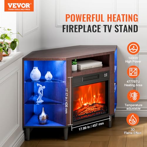Image of VEVOR Electric Fireplace TV Stand, Corner TV Stand for TVs up to 50 inch, Corner Console with 18 inch Fireplace, Vintage Design, 20 LED Lights, Remote Control & Timer for Living Room, Brown