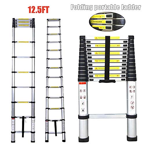 Ladders for Home,12.5 FT Aluminum Telescoping Ladder One-Button Retraction Extension Ladder,Collapsible Ladder for Roof Outdoor Work Indoor and Outdoor