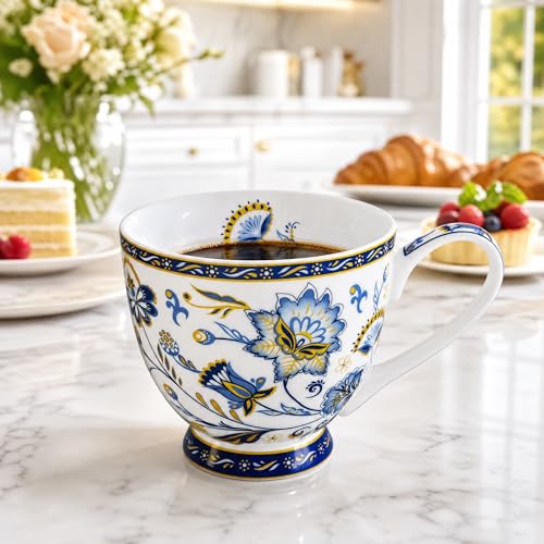 Taza de porcelana ósea floral 16 oz azul miniatura 4
