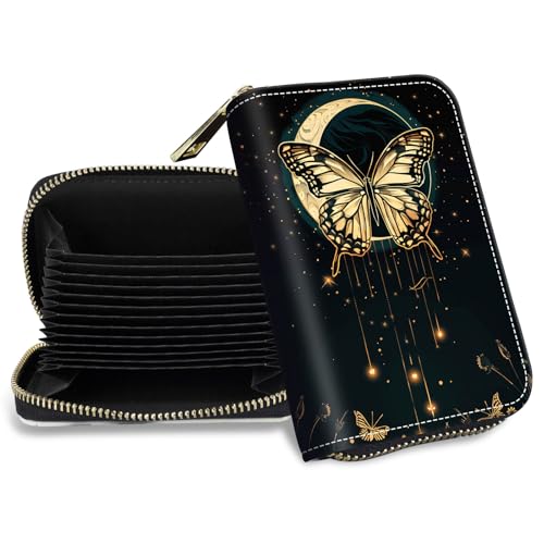DHYYDSQZ Credit Card Holder with Zipper, Slim RFID Blocking Card Wallet for Women Men Butterfly Moon Design PU Leather Small Accordion Card Case Wallet, ID Card Organizer, Pocket Business Card Case