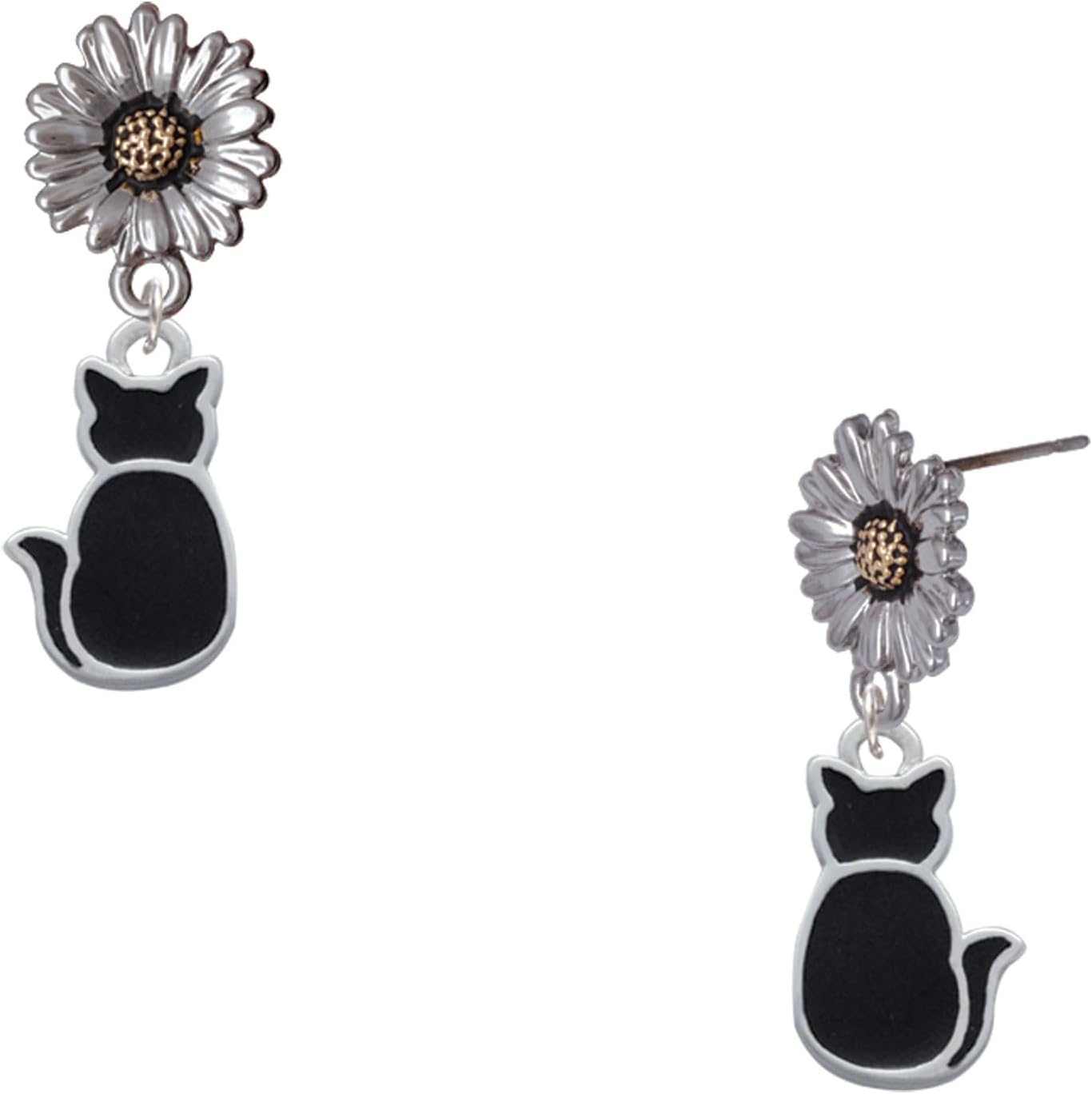 Delight Jewelry Silvertone Large 2-D Black Cat Back Two-tone Daisy Flower Post Earrings