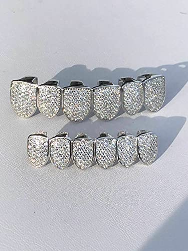 HarlemBling Solid 925 Sterling Silver Real Grillz - Iced CZ - Custom Top & Bottom Grills For Teeth Set - Real Solid Silver NOT BRASS2