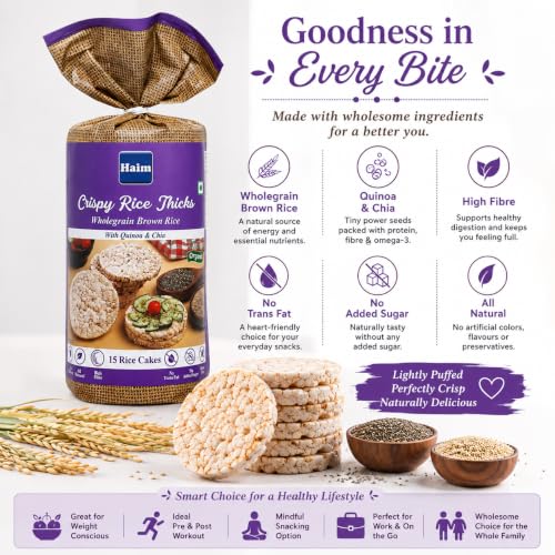 Image of HAIM Organic Wholegrain Brown Rice Cakes with Quinoa and Chia Seeds | Gluten-Free Snack | Wholegrains | Healthy Snack (Pack of 2)