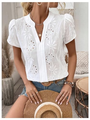 SweatyRocks Women's Embroidered Eyelet Tops Floral Summer Puff Sleeve Dressy Casual Blouses V Neck T Shirt3