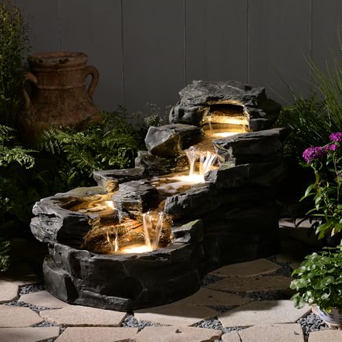 Gartenbrunnen mit LED-Beleuchtung, 5-stufiger Etagenbrunnen aufstellbar, Naturstein-Optik Wasserfall-Brunnen für Terrasse, Eingangsbereich |...