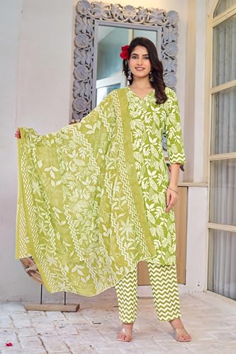 Image of MIRCHI FASHION Women's Straight Fit Pure Cotton Sequins Thread Work Leaf Printed Kurta Set with Dupatta and Trouser