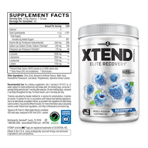 Image of Xtend Original BCAA Powder, 7g BCAAs and 2.5g L-Glutamine for Muscle Recovery Hydration and Lean Muscle, Sugar Free Intra and Post Workout Drink with Electrolytes, Blue Raspberry Ice, 30 Servings