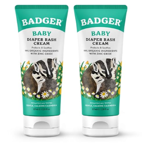 Badger Baby Diaper Rash Cream, Zinc Oxide Diaper Cream for Babies, Natural Skin Barrier Cream with Organic Sunflower Oil & Beeswax, 2.9 fl oz, 2-Pack