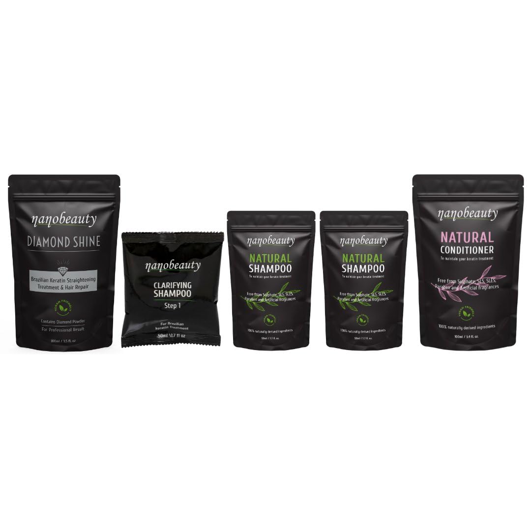 Brazilian Keratin Hair Straightening Treatment FULL Kit with Aftercare SLS Shampoo and Conditioner. Diamond Infused, Vegan, Blow dry, Smoothing/Repair, Argan Oil, Professional Results