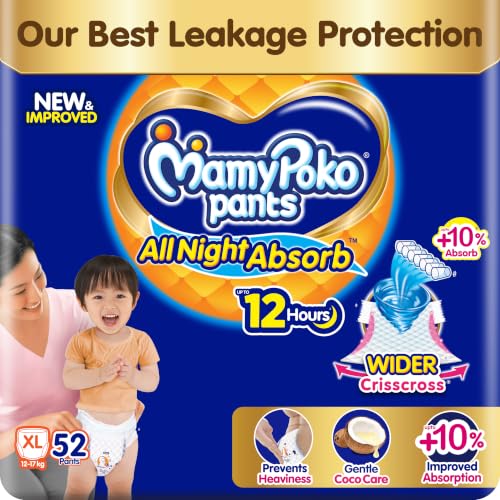 Image of New Mamypoko Pants Premium All Night Absorb| Pant Style Baby Diapers X- Large Size(XL), 52 Count, Ideal for 12-17Kgs|1 Diaper= Upto All Night Absorption now with 10% increased power|Wider Crisscross Sheet|Gentle Coco Care| 12hr Leakage Protection| Prevents Heaviness.