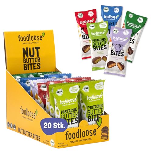 foodloose Bio-Nut Butter Bites Probierpaket | Leckere Snacks aus Datteln mit cremigen Nussmus Füllungen | Vegan, Bio, glutenfrei & ohne raffinierten Zucker | Großpackung mit 5 Sorten (20 x 40g)