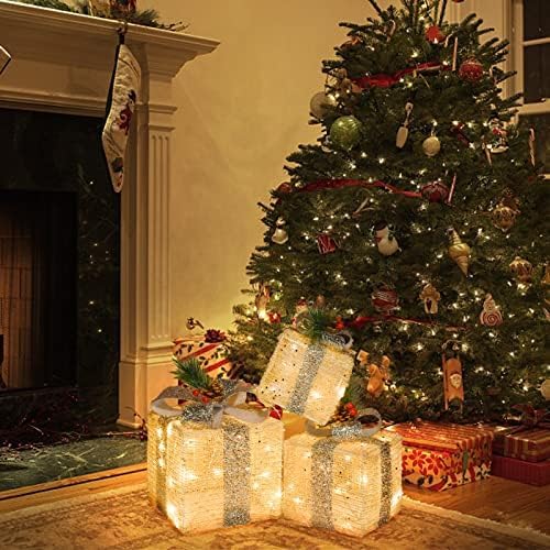 Miniatura 3 de Cajas de regalo iluminadas de Navidad, luces preiluminadas, cajas de regalo de tela de lino dorado, juego de cajas de regalo iluminadas que
