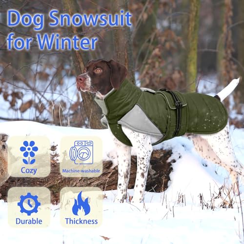 Image of MIGOHI Dog Winter Coat - Reflective Medium Dog Snow Jacket with Thick Turtleneck,Windproof Pet Fleece Vest, Cold Weather Coat for Medium Dogs, Snowproof for Hiking,Camping,L,ArmyGreen