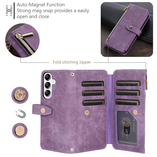 UEEBAI Wallet Case for Samsung Galaxy S24 5G, 9 Card Slots Retro Leather Wallet Shockproof Flip Cover with Hand Strap Card Slots Zipper Pocket Kickstand Handbag Magnetic Closure - Purple - Image 6