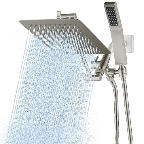 G-Promise All Metal 8 Inch Dual Square Shower Head with Handheld Spray Combo, Rain Shower Head, Adjustable Extension Arm, 3-Way Diverter, 71 Inch Extra Long Hose - A Bathroom Upgrade (Brushed Nickel)