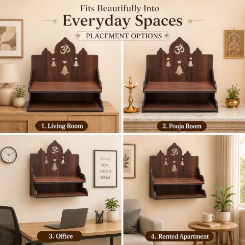 Image of The Castle Decor Wooden Mandir for Home, Wall Hanging & Tabletop Pooja Temple with 2-Tier Storage Shelf, Om & Bell Cutwork, MDF Mandir for Pooja Room, Office & Hostel, 11 x 11 x 10 Inch (Design-4)