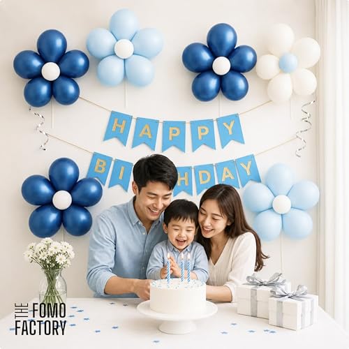 Image of The FOMO Factory 8 Pcs Flower Balloon Clips + 50 Pcs Metallic Chrome Balloons - Blue Birthday Decoration Items with Blue HBD Banner | Party Accessory Kit for Kids Birthday Cute (BlueFC)
