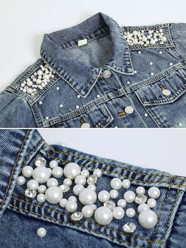 LifeShe Women's Pearls Denim Jacket 3/4 Sleeve Cropped Rhinestones Jean Jackets Trucker Coat4