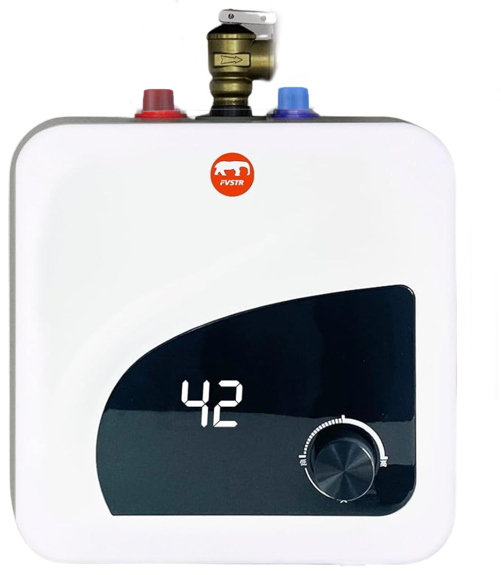 FVSTR Electric Hot Water Heater 120/240V Small Compact Tank Storage,Rv Tr 2.7 Gallon Trailer 1.5KW Kitchen Instant Under Sink Counter Cupboard, Point of Use RV Stainless Steel Water Hose [Energy Class A]