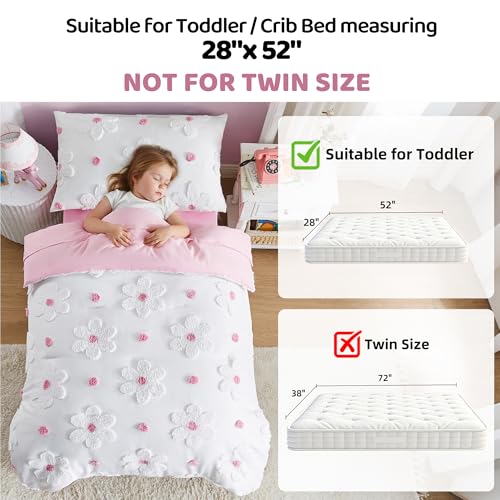 Image of Toddler Bedding Set for Girls 4-Piece Pink Boho Tufted Daisy Flowers Toddler Comforter Set Bed-in-a-Bag Toddler Sheets Bedroom Set with Toddler Comforter, Flat Sheet, Fitted Sheet, Pillowcase