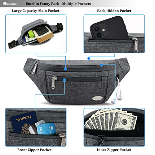 Entchin Fanny Pack for Women Men with 4-Zipper Pockets, premium fashion Waist Pack Crossbody Bum Bags for Hiking, Running, Travel, Cycling and Casual(Medium Grey) - Thumbnail 3