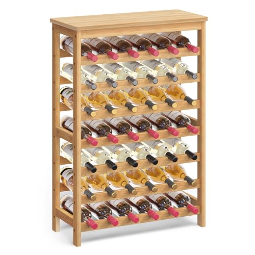 SONGMICS 42-Bottle Wine Rack Free Standing Floor, 7-Tier Display Wine Storage Shelves with Table Top, Bamboo Wobble-Free Bottle Holder for Kitchen Bar Dining Room Living Room, Natural UKWR27NL