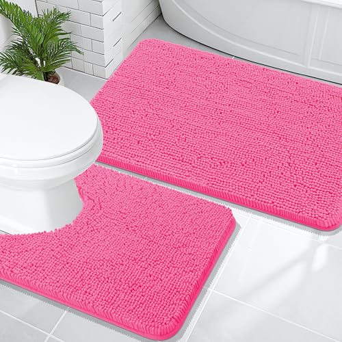 Image of OLANLY Bathroom Rugs Sets 2 Piece, Soft Absorbent Chenille Bath Mats and U-Shaped Contour Toilet Mat Area Rug Set, Machine Washable Bath Carpet, Home Decor Accessories(36 inchx24 inch+24 inchx20 inch, Hot Pink)