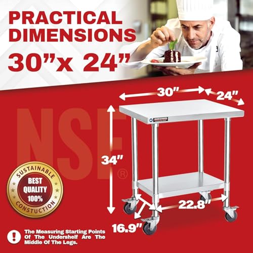 Image of DuraSteel 30x24 NSF Stainless Steel Cart Work Table - Heavy Duty Rolling Food Prep Table - Metal Utility Cart on Wheels Caster, Grill Stand Microwave Outdoor Kitchen Tables Countertop Island Large Top