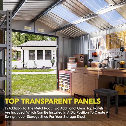 Image of Upgrade 10x12 FT Outdoor Metal Storage Shed with Floor Frame, Double Swing Doors, 2 Clear Windows, Replaceable Skylight Roof Panel, Tool Shed for Garden, Patio, Backyard Brown