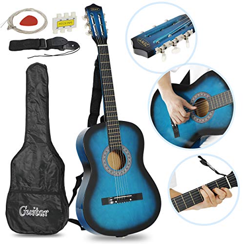 ZENY 38'' Acoustic Guitar Full Size Beginners Package Kit for Right-handed Starters Kids Music Lovers w/Case, Strap, Pitch Pipe and Pick (Blue)