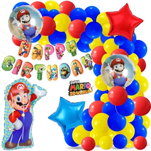 Image of Rozi Decoration Latex, Foil, Cardstock Mario Theme Birthday Decoration Items Combo Kit Set Of 51 Pcs Super Mario Theme Birthday Decoration | Kids Birthday Decoration Items For Boys,Multicolor