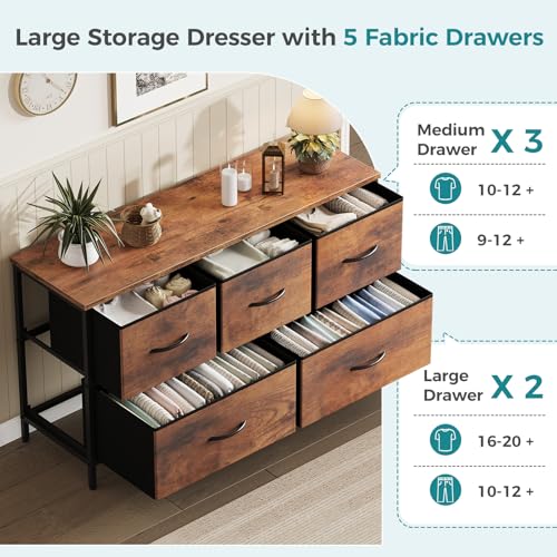 Image of OLIXIS 5 Drawer Dresser for Bedroom, Closet Chest Organizer Furniture, TV Stand for Living Room Hallway, Wide Fabric Storage Tower with Wooden Top and Metal Frame, Brown