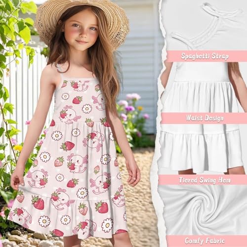 Girls Cute Spaghetti Strap Dress Tiered A-Line Pleated Summer Midi Dresses for 3-14Y4