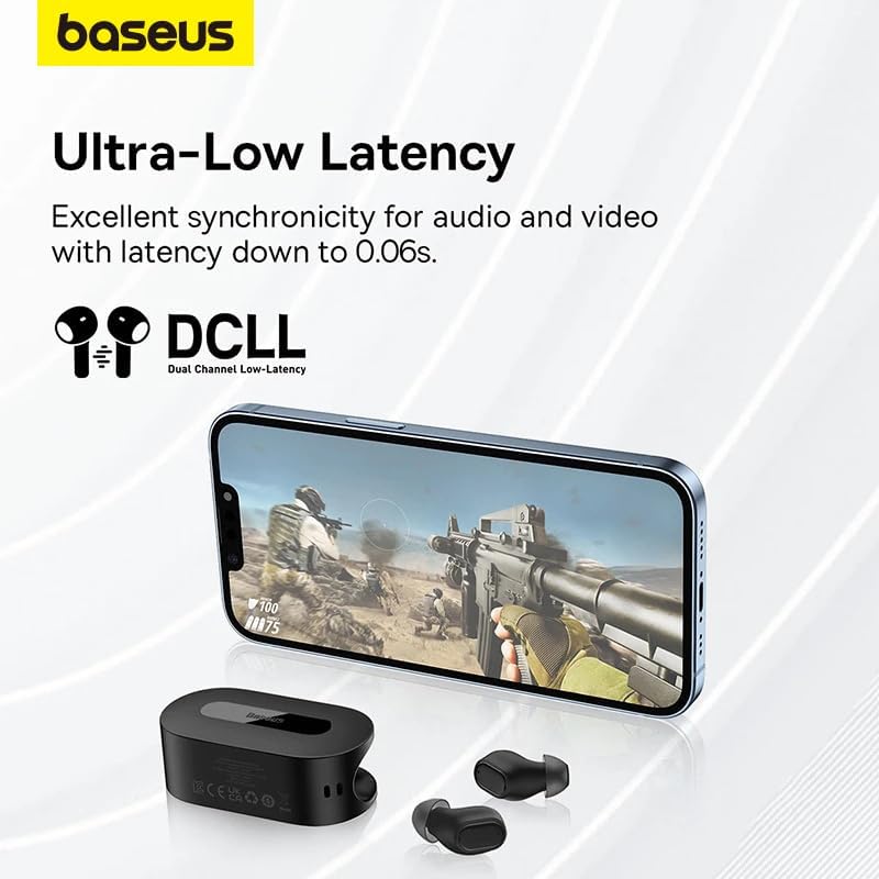Baseus Bowie EZ10 earbuds and case with a gaming screen, illustrating low latency