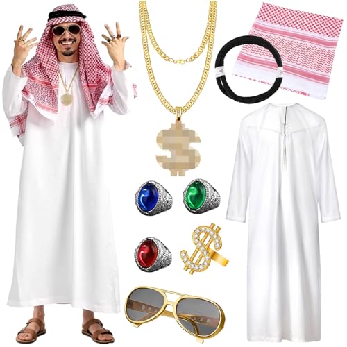 NlsqEU Disfraz de jeque para hombre, disfraz árabe, disfraz de cosplay, vestido árabe blanco con pañuelo en la cabeza, collares, gafas de sol, anillo de dedo para carnaval, fiesta, cosplay