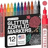 Artistro 12 Glitzer Filzstifte Zeichenset, Stifte zum Bemalen von Steinen, Felsmalerei, Keramik, Glas, Holz, Stoff, Scrapbooking, DIY Projekte, Set Acryl Glitzer Stifte mit Extra-Feiner Spitze 0,7mm