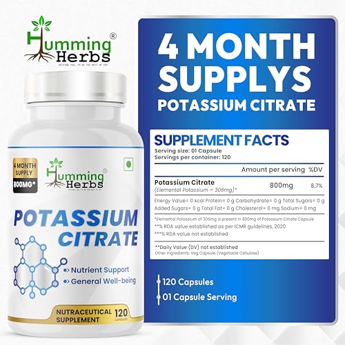 Image of Humming Herbs Potassium Citrate Electrolyte Balance, Muscle & Heart Support | Essential Mineral for Hydration, Nerve Function & General Well-Being (120)