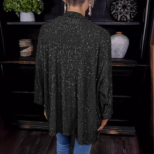 HGps8w Women's Shiny Sequin Open Front Blazer Irregular Hem Sparkle Long Sleeve Cardigan Jackets3