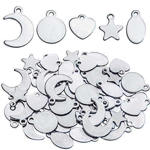 Tag Pendants, 50pcs Stainless Steel Tag Pendants Charms Blank Stamping Flat Mixed Shapes Metal Tag Pendants for Bracelet Necklace Earring DIY Jewelry Making