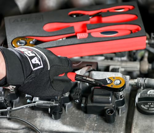 Image of ARES 42147-3-Piece 72 Tooth Offset Ratchet Set - Chrome Vanadium Tools, Offset Handles - Quick Release for Easy Socket Change - Reversible Design - 5 Degree Swing - Automotive Ratchet Set