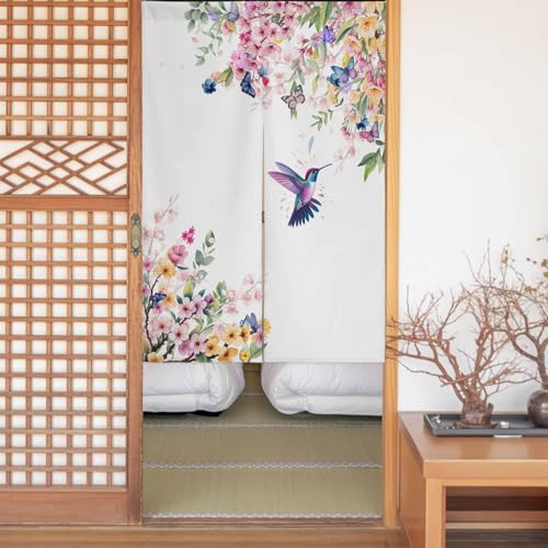 のれん ドアカーテン 透けない 遮光 幅75p×丈90cm 間仕切り ロッドポケット 断熱 防音 厚地 UVカット 保温 節電対策 装飾 玄関 ドア 寝室 暖簾 おしゃれ 目隠し 水彩 鳥 蝶 桜 花 葉 洗濯機対応