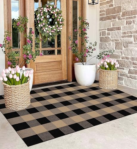 Washable Outdoor Rug 3'x5',Black and Tan Checkered Rug Cotton Woven Washable Farmhouse Front Door Mat Outdoor for Entryway,Patio,Bedroom,Hello Welcome Mat
