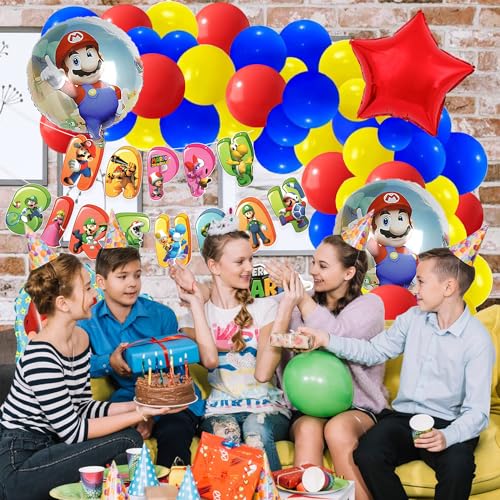 Image of Rozi Decoration Latex, Foil, Cardstock Mario Theme Birthday Decoration Items Combo Kit Set Of 51 Pcs Super Mario Theme Birthday Decoration | Kids Birthday Decoration Items For Boys,Multicolor