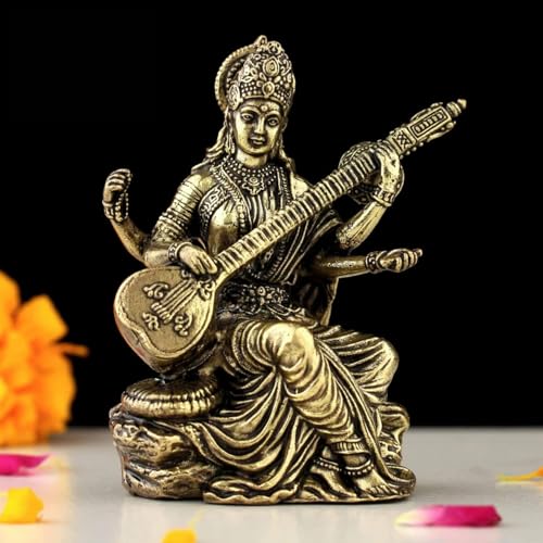 Image of Maa Saraswati Brass Idol Premium Brass Murti for Home Decor Temple Study Room Office Library Space Goddess of Wisdom Knowledge Learning Creativity Veena Swan Spiritual Gift