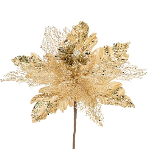 Arborus 6 flores artificiales de Navidad con purpurina de 11.4 pulgadas, flores artificiales grandes de Navidad para decoración de árbol de Navidad, decoración de Navidad de Pascua dorada, guirnalda