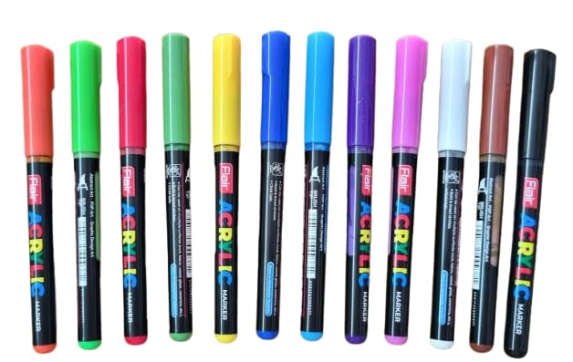 Image of FLAIR Liquid Acrylic Marker 12 Assorted Shades With Brush Tip, High & Rich Pigmented Colours| True Opaque, Bold & Broad Strokes, Multi-Surface Use| For Abstract, Pop & Graphic Design Art