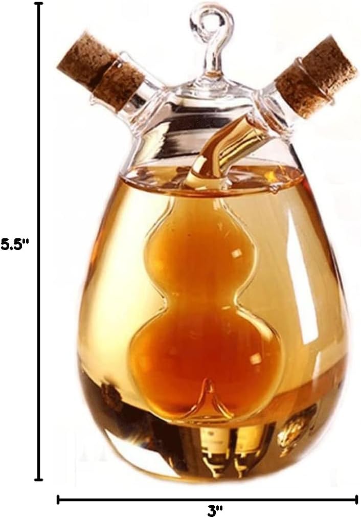2 in 1 Oil and Vinegar Dispenser Cruet Bottle, Kitchen Supplies Glass Olive Oil and Balsamic Vinegar Cruet Bottle with Cork Stoppers, Hand-blown Glass Jar (Gourd Shape) - Image 8