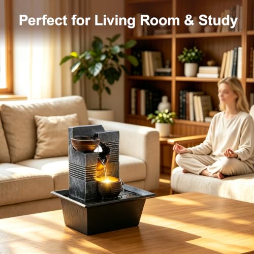 Image of Tabletop Waterfall Fountain-3 Bowls Tabletop Water Fountain for Home and Office Decor,Soothing Sound Zen Meditation Decor Indoor Waterfall Fountain for Good Luck Relaxation